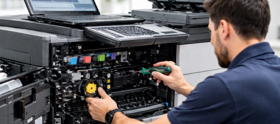 Ofis ortamında fotokopi makinesi tamiri yapan uzman teknik servis personeli