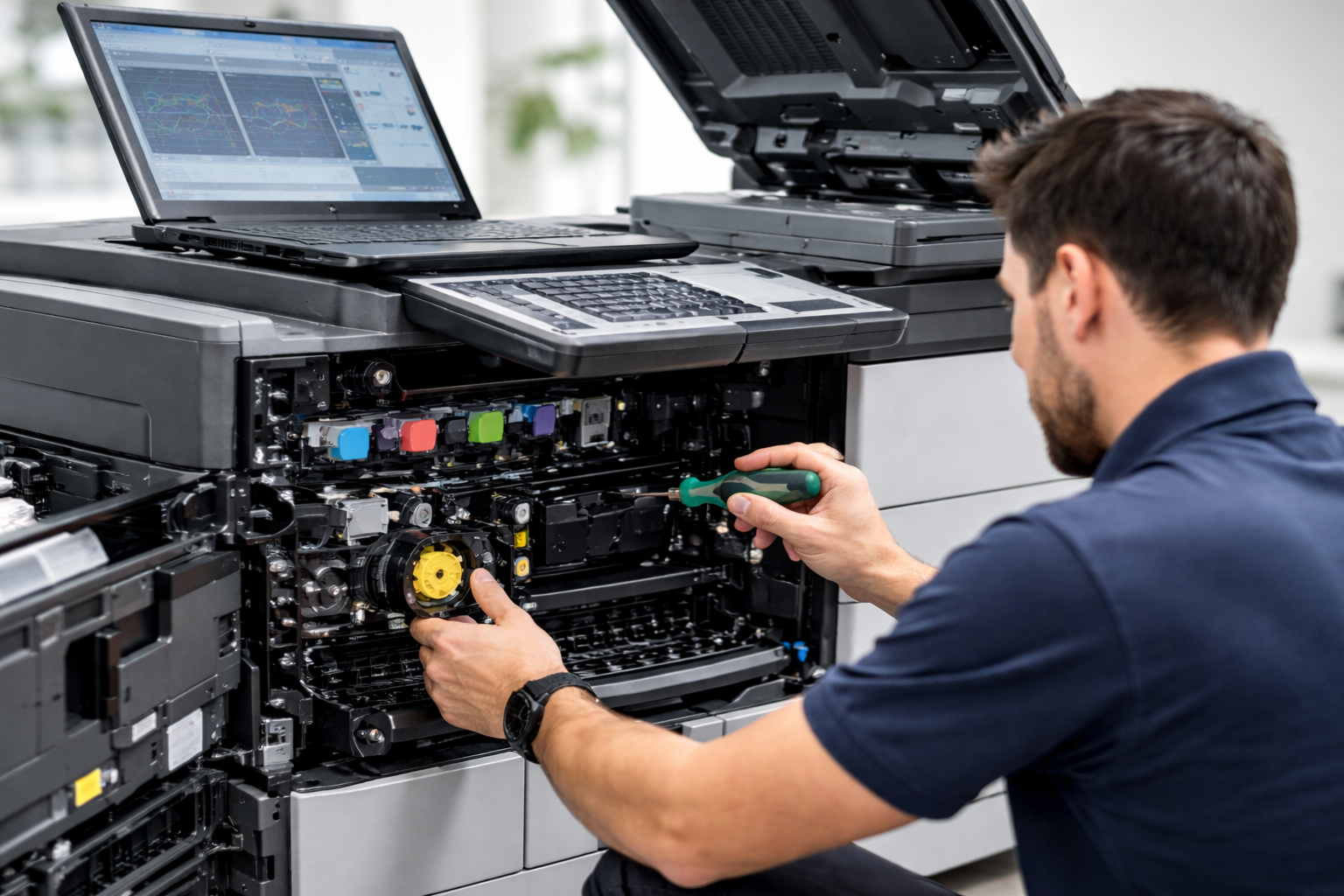 Ofis ortamında fotokopi makinesi tamiri yapan uzman teknik servis personeli