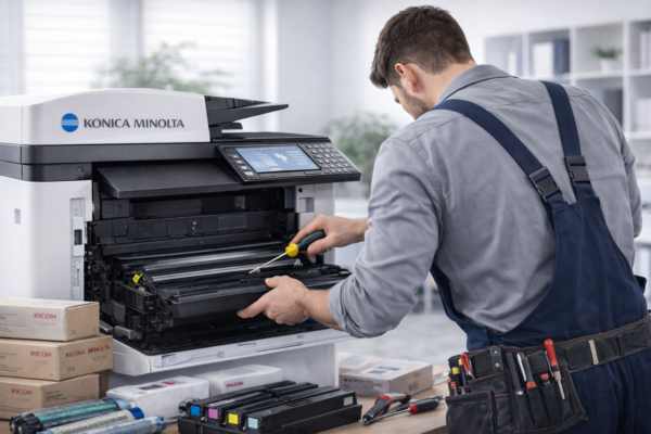 Konica Minolta fotokopi makinesini arka çapraz açıdan tamir eden teknik servis personeli yerinde bakım hizmeti sırasında