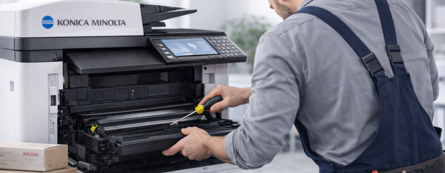 Konica Minolta fotokopi makinesini arka çapraz açıdan tamir eden teknik servis personeli yerinde bakım hizmeti sırasında