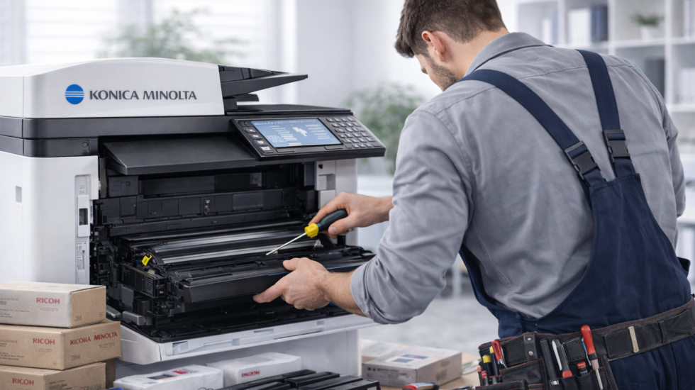 Konica Minolta fotokopi makinesini arka çapraz açıdan tamir eden teknik servis personeli yerinde bakım hizmeti sırasında