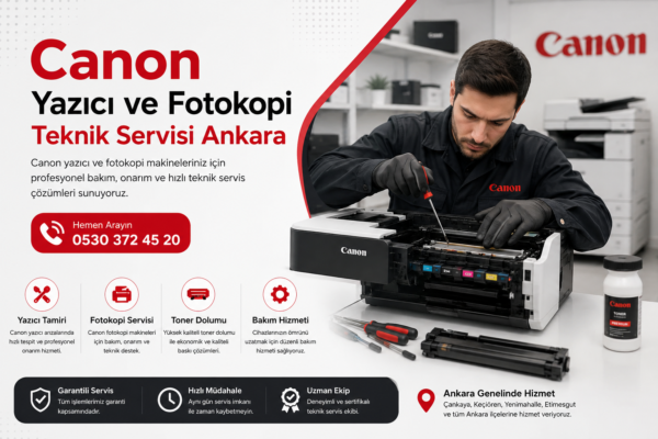 Modern ofis ortamında Canon yazıcı tamiri yapan profesyonel teknik servis personeli.
