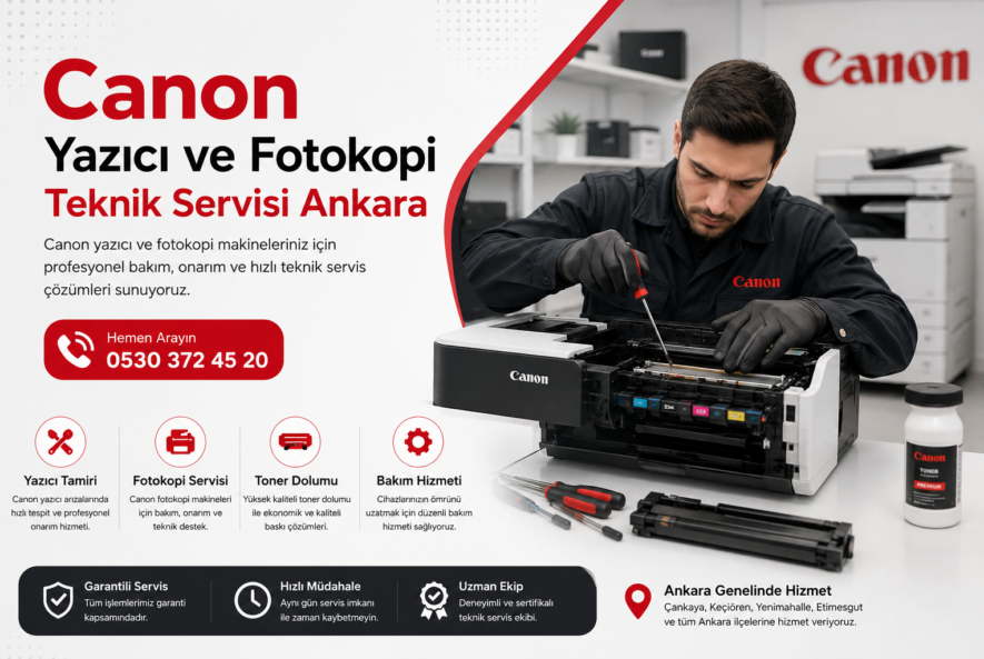 Modern ofis ortamında Canon yazıcı tamiri yapan profesyonel teknik servis personeli.